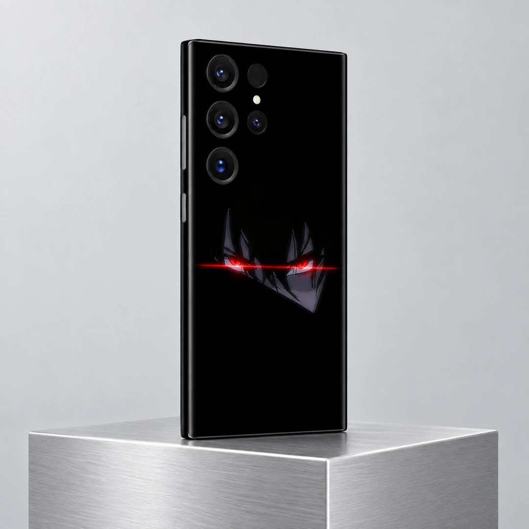 Red Anime Eyes Black Mobile Skin - Silver daylight angle Red Anime Eyes Black Mobile Skin shown at an angle on a brushed silver pedestal