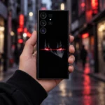 Red Anime Eyes Black Mobile Skin shown held in front of blurred red city lights