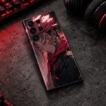 Red-Eyed Anime Boy Crimson Mobile Skin, dark gaming desk view