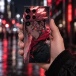Red-Eyed Anime Boy Crimson Mobile Skin, night city handheld view