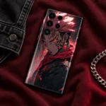 Red-Eyed Anime Boy Crimson Mobile Skin, burgundy streetwear flat lay