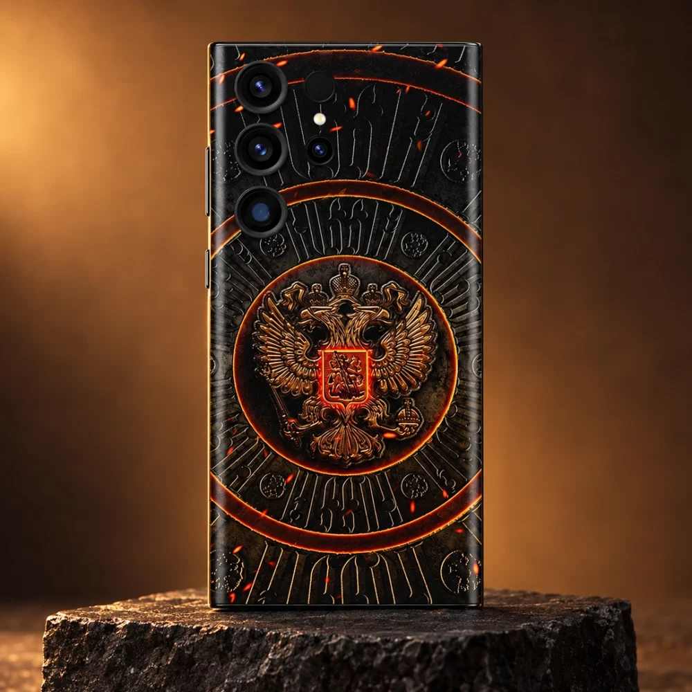 Coat of Arms of Russia mobile skin with gold eagle crest, bronze studio hero