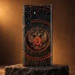 Coat of Arms of Russia mobile skin with gold eagle crest, bronze studio hero