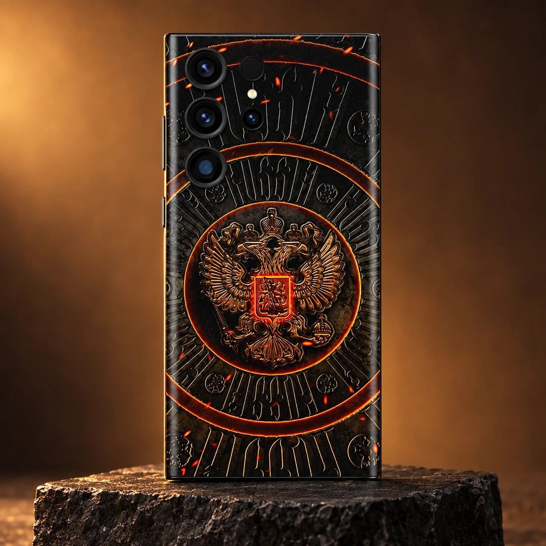 Coat of Arms of Russia Mobile Skin – bronze studio hero Coat of Arms of Russia mobile skin with gold eagle crest, bronze studio hero