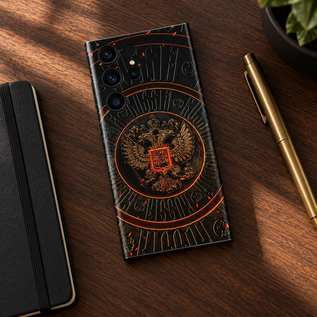 Coat of Arms of Russia Mobile Skin – walnut desk flat lay Coat of Arms of Russia mobile skin with gold eagle crest, walnut desk flat lay