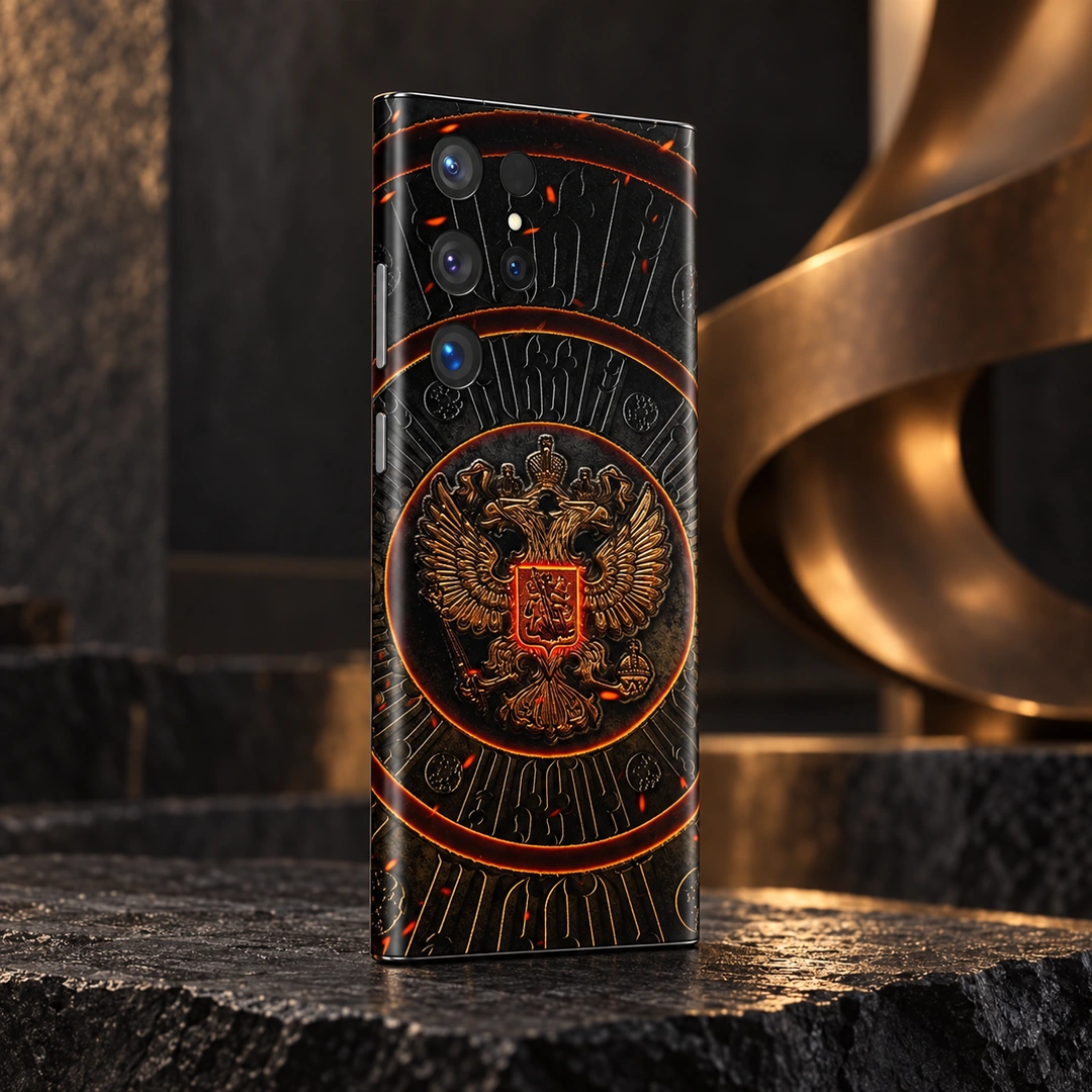 Coat of Arms of Russia Mobile Skin – sculpture gallery angle Coat of Arms of Russia mobile skin with gold eagle crest, sculpture gallery angle