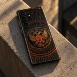 Coat of Arms of Russia mobile skin with gold eagle crest, concrete ledge