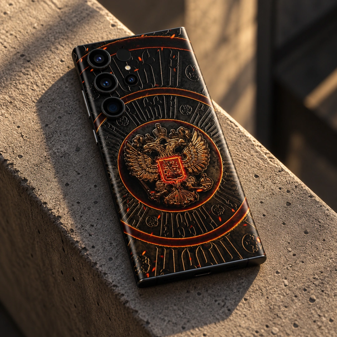 Coat of Arms of Russia Mobile Skin – concrete ledge Coat of Arms of Russia mobile skin with gold eagle crest, concrete ledge