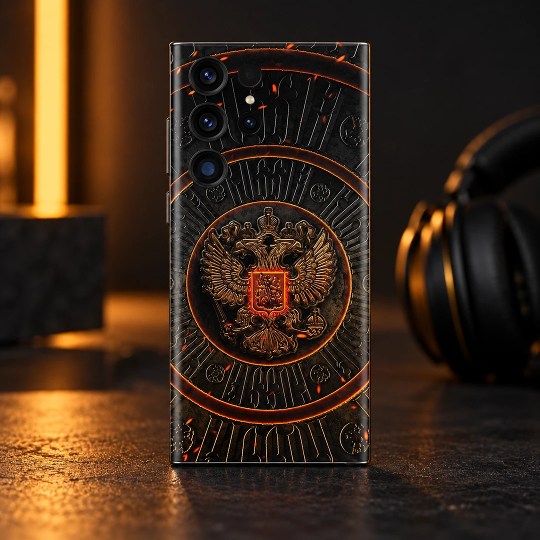 Coat of Arms of Russia Mobile Skin – creative studio detail Coat of Arms of Russia mobile skin with gold eagle crest, creative studio detail