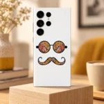 White Retro Hipster Mobile Skin with geometric glasses and curled moustache, warm cafe hero