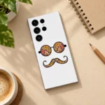 White Retro Hipster Mobile Skin with geometric glasses and curled moustache, creative desk flat lay