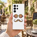 White Retro Hipster Mobile Skin with geometric glasses and curled moustache, courtyard hand-held view