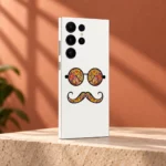 White Retro Hipster Mobile Skin with geometric glasses and curled moustache, terracotta studio angle