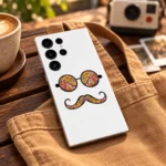 White Retro Hipster Mobile Skin with geometric glasses and curled moustache, canvas tote cafe view
