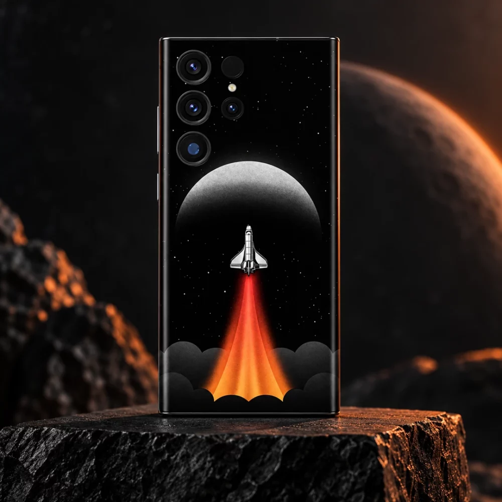 Rocket Ship Space Mobile Skin shown upright on black basalt with warm orange lighting