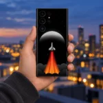 Rocket Ship Space Mobile Skin shown held against a softly blurred rooftop skyline