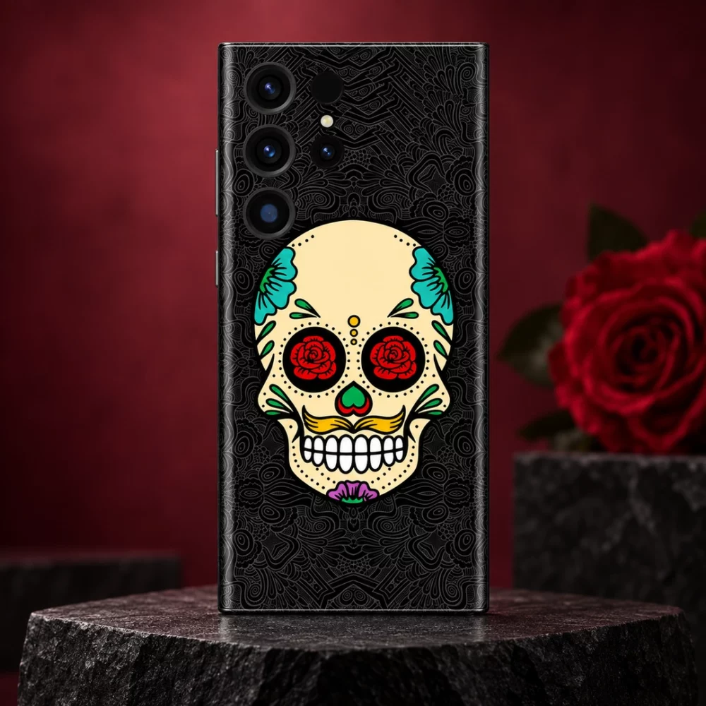 Rose Skull Mobile Skin with red rose eyes and colourful floral details, black pedestal hero