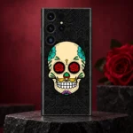 Rose Skull Mobile Skin with red rose eyes and colourful floral details, black pedestal hero