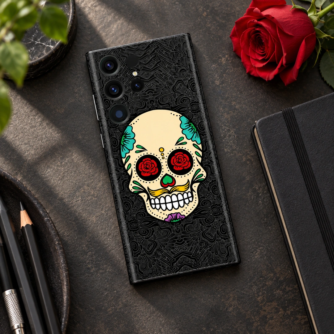 Rose Skull Mobile Skin - Art Desk Flat Lay Rose Skull Mobile Skin with red rose eyes and colourful floral details, art desk flat lay