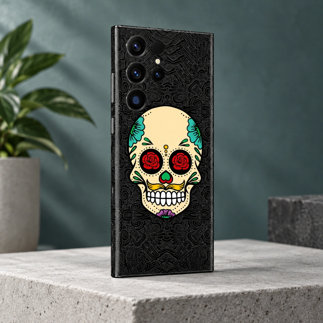 Rose Skull Mobile Skin - Concrete Studio View Rose Skull Mobile Skin with red rose eyes and colourful floral details, concrete studio view