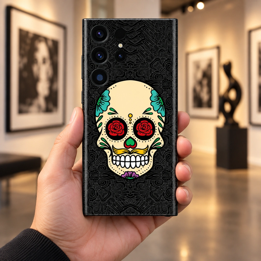 Rose Skull Mobile Skin - Gallery Lifestyle Rose Skull Mobile Skin with red rose eyes and colourful floral details, gallery lifestyle