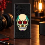 Rose Skull Mobile Skin with red rose eyes and colourful floral details, evening desk