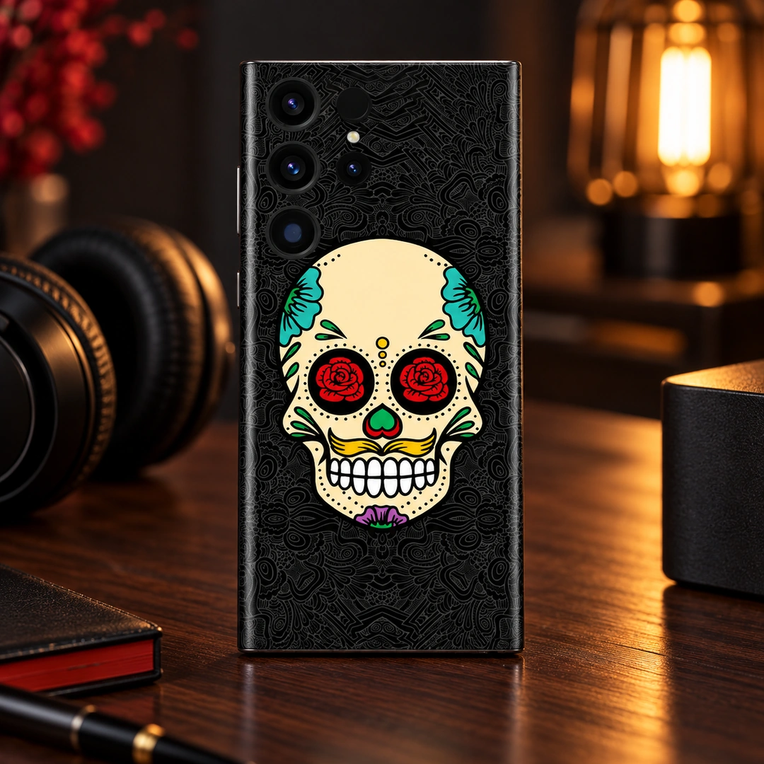 Rose Skull Mobile Skin - Evening Desk Rose Skull Mobile Skin with red rose eyes and colourful floral details, evening desk