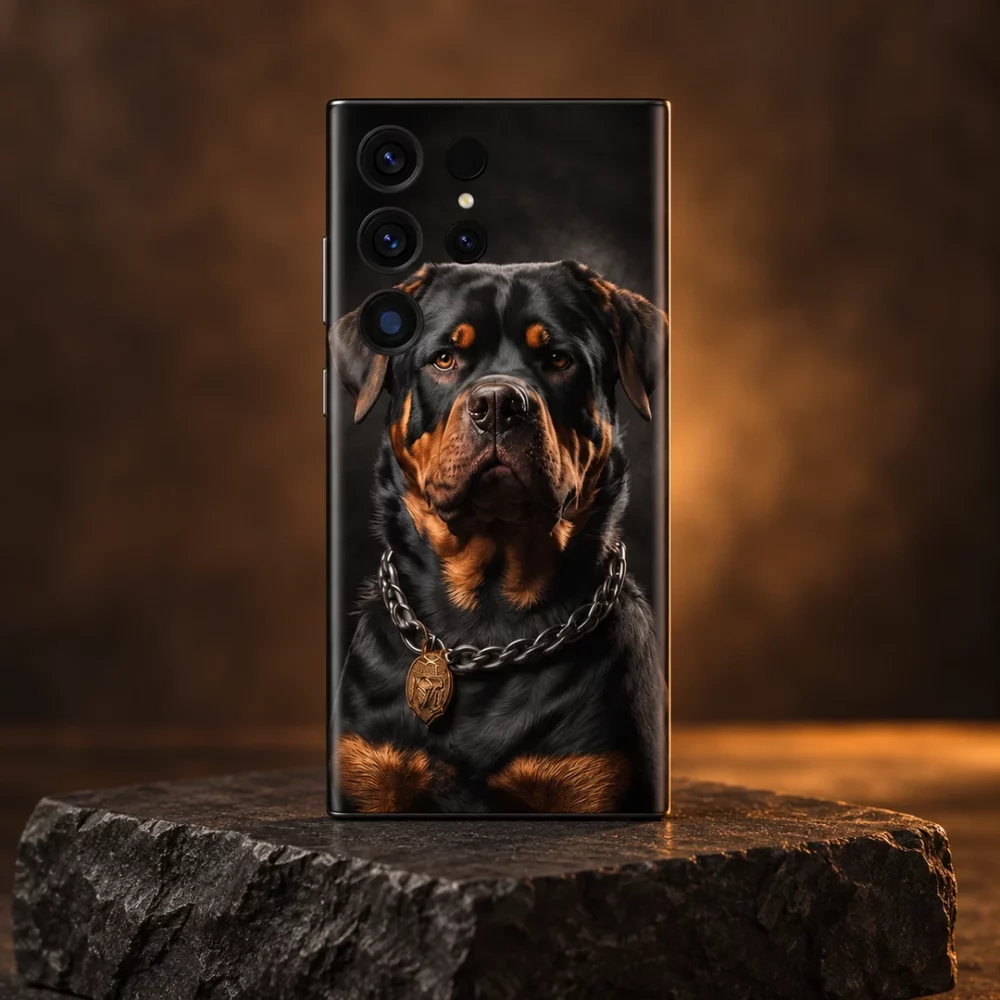 Rottweiler Dog Portrait Mobile Skin shown on a warm slate studio pedestal