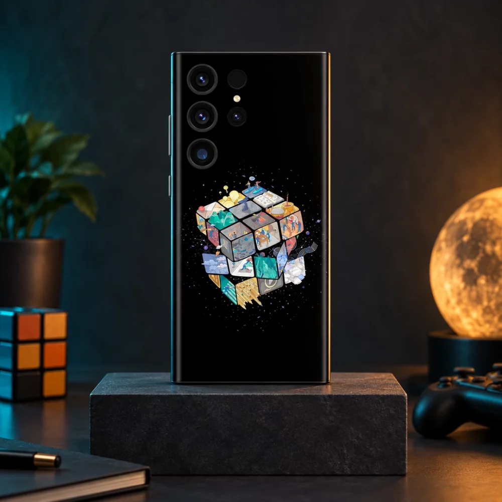 Black Rubik's Cube mobile skin with colorful illustrated cube artwork, studio hero
