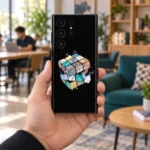 Black Rubik's Cube mobile skin with colorful illustrated cube artwork, handheld lifestyle