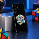 Black Rubik's Cube mobile skin with colorful illustrated cube artwork, blue gaming desk