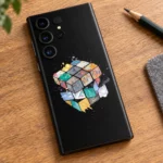 Black Rubik's Cube mobile skin with colorful illustrated cube artwork, artwork detail