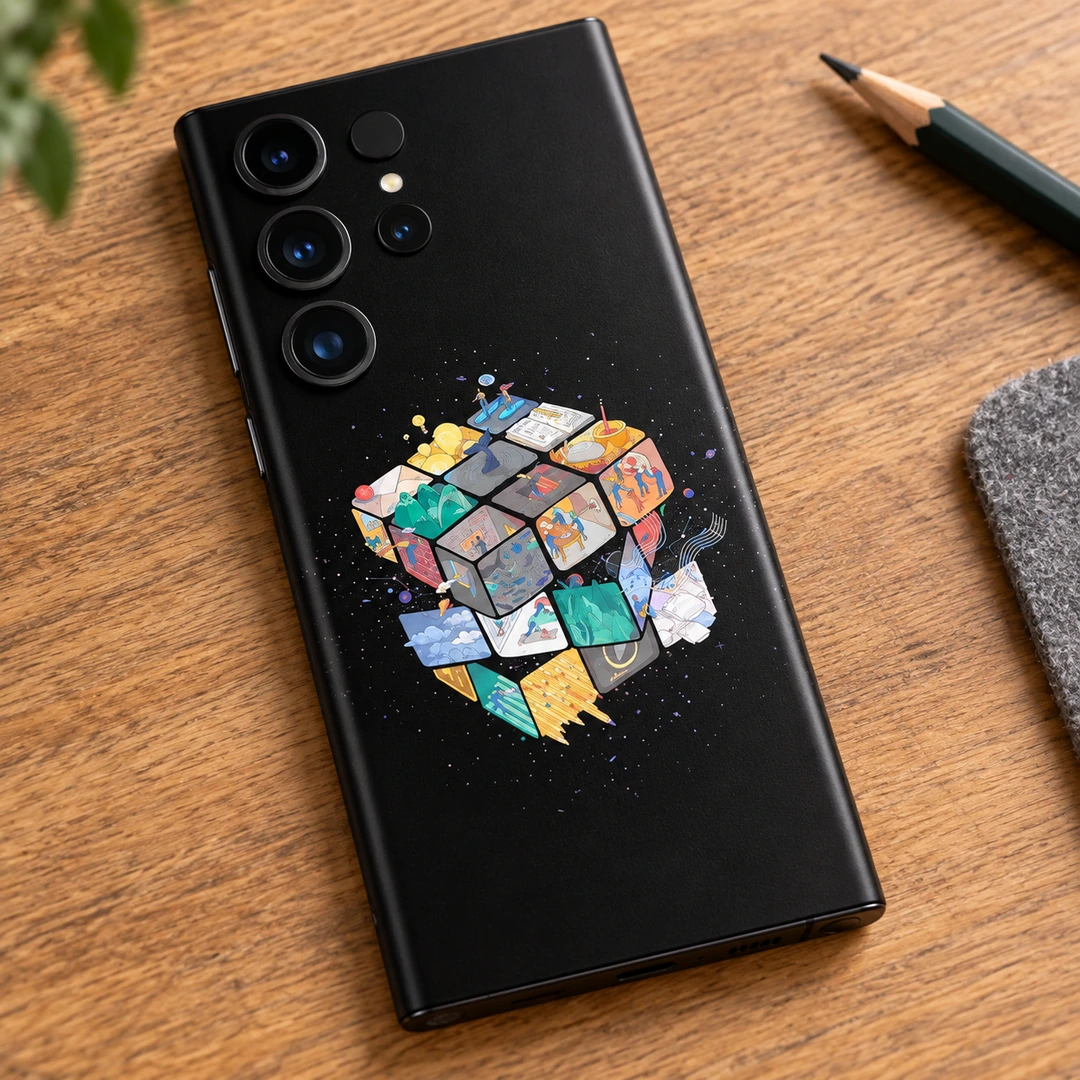Rubik's Cube Mobile Skin - Artwork Detail Black Rubik's Cube mobile skin with colorful illustrated cube artwork, artwork detail