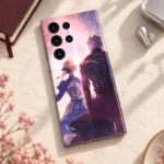 Saber and Archer Fate mobile skin in a linen desk flat lay photograph