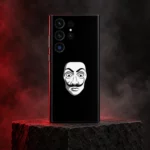Black Salvador Dali mask mobile skin with white face graphic, crimson studio hero