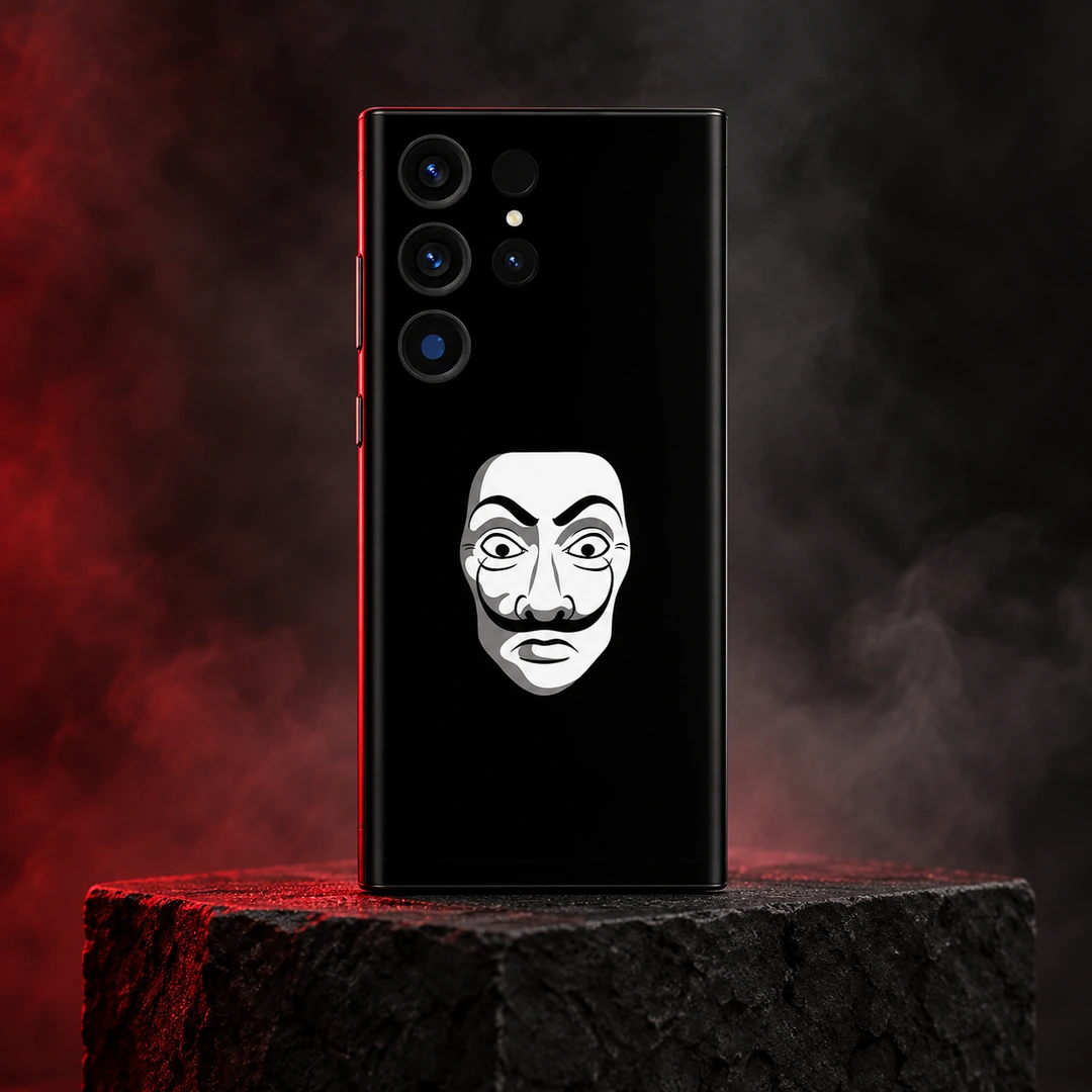Salvador Dali Mask Mobile Skin - Crimson studio hero Black Salvador Dali mask mobile skin with white face graphic, crimson studio hero