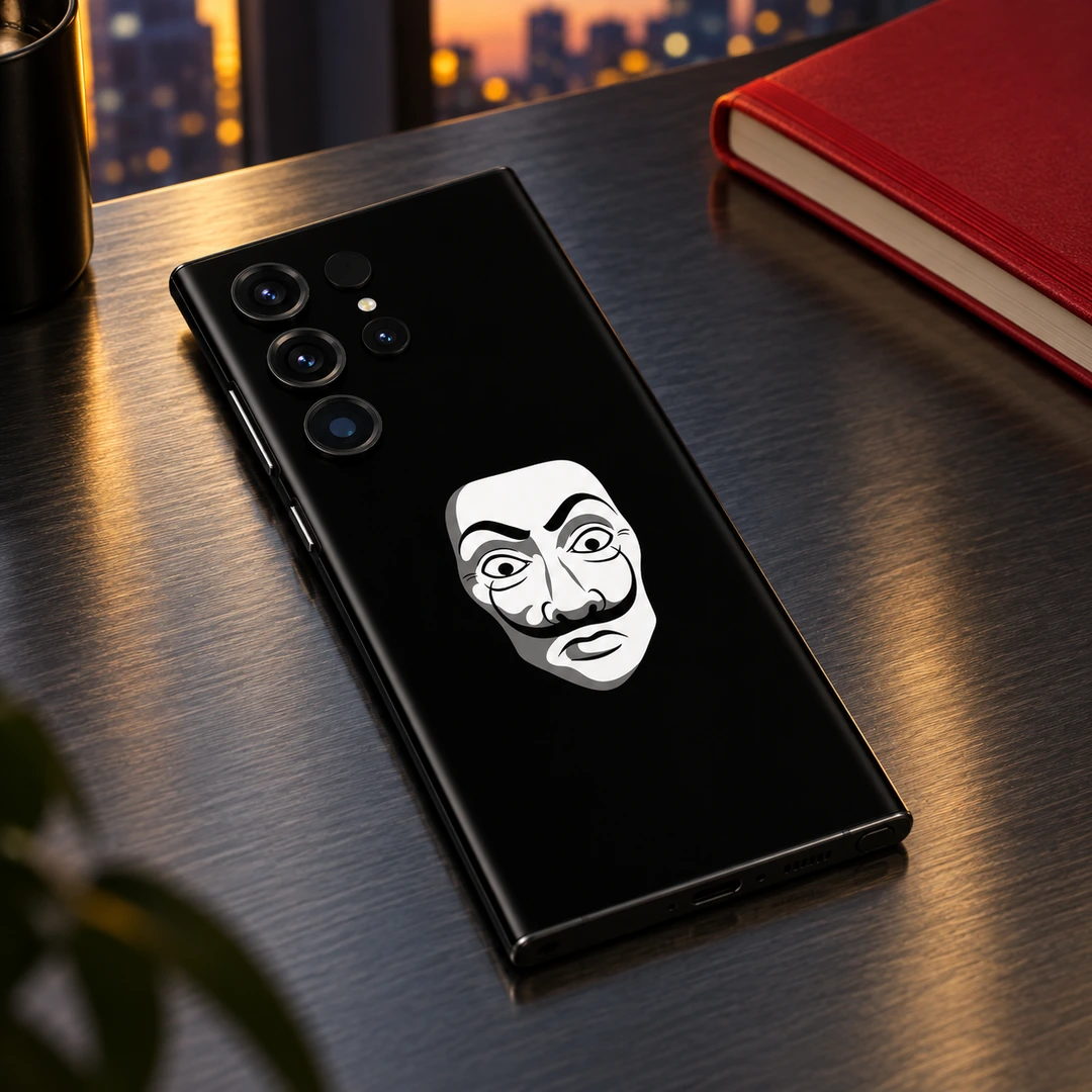 Salvador Dali Mask Mobile Skin - City desk view Black Salvador Dali mask mobile skin with white face graphic, city desk view