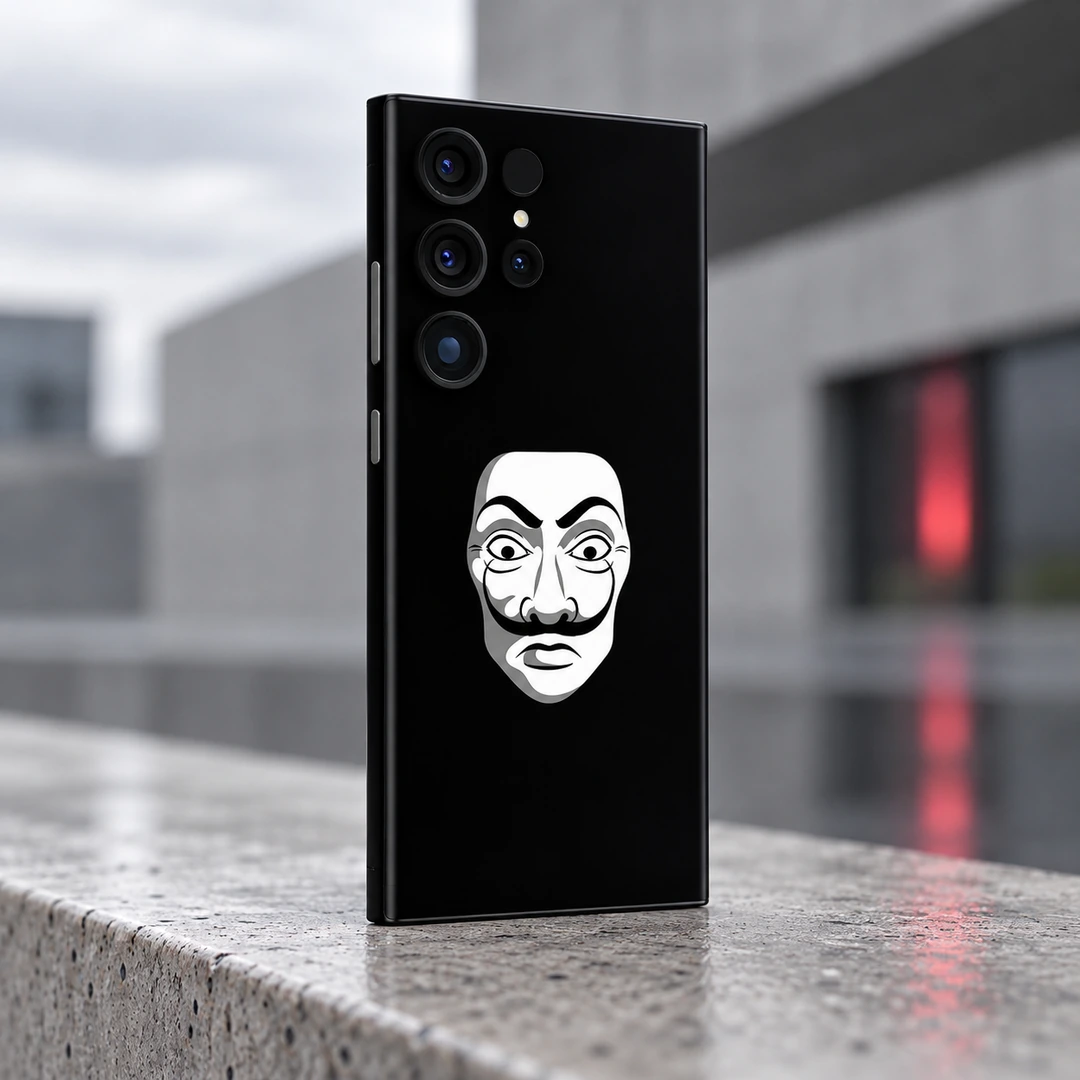 Salvador Dali Mask Mobile Skin - Concrete daylight view Black Salvador Dali mask mobile skin with white face graphic, concrete daylight view