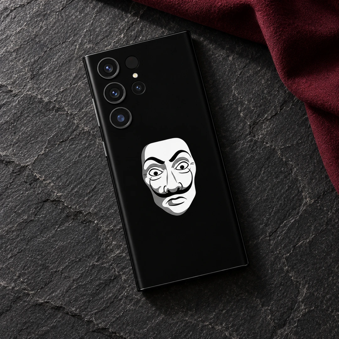 Salvador Dali Mask Mobile Skin - Burgundy slate flat lay Black Salvador Dali mask mobile skin with white face graphic, burgundy slate flat lay