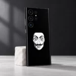 Black Salvador Dali mask mobile skin with white face graphic, clean studio detail