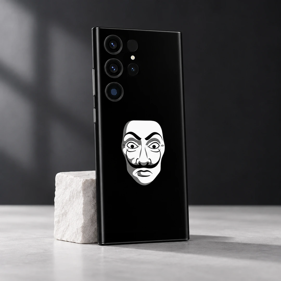 Salvador Dali Mask Mobile Skin - Clean studio detail Black Salvador Dali mask mobile skin with white face graphic, clean studio detail