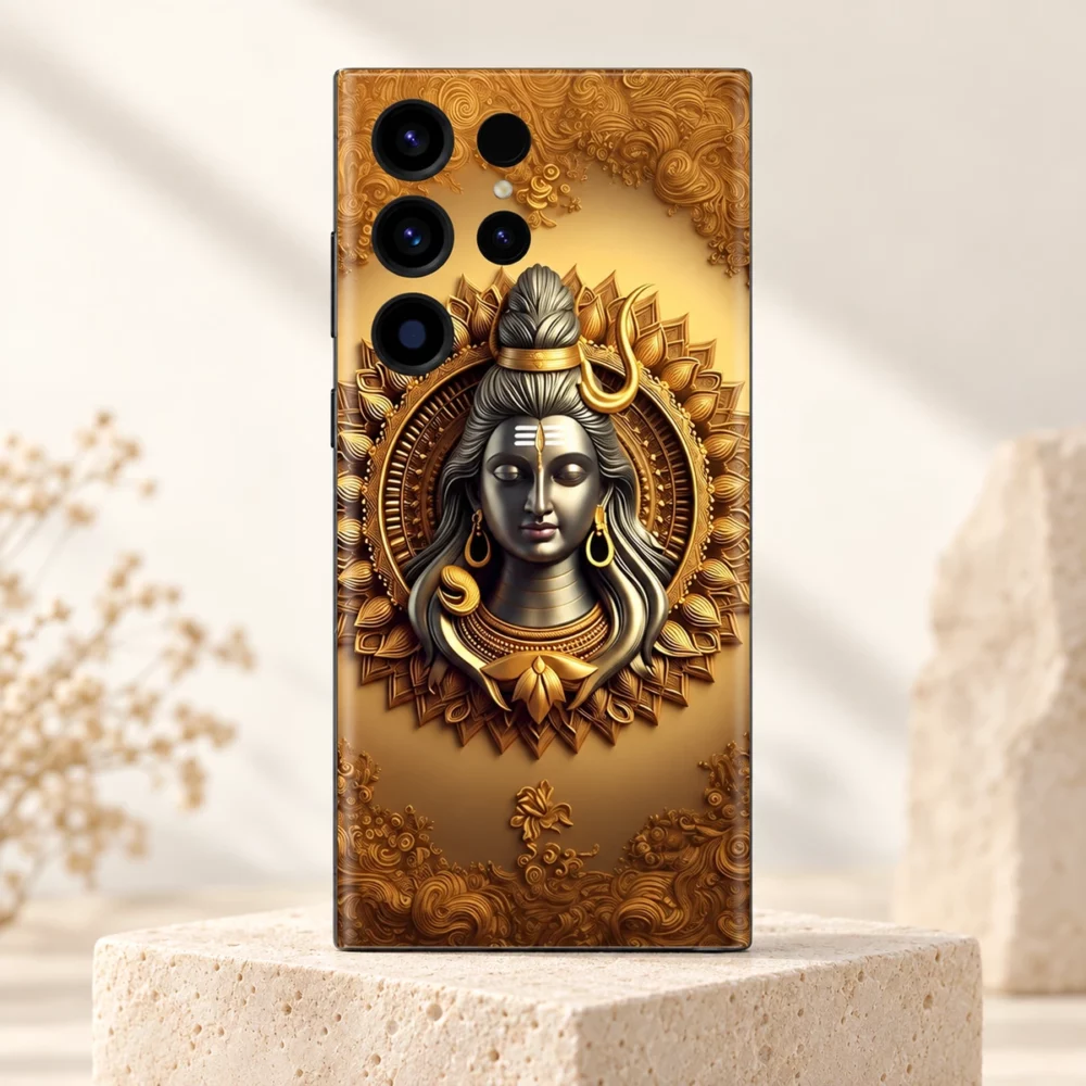 Shiv Art mobile skin with silver Shiva portrait and golden mandala - ivory hero