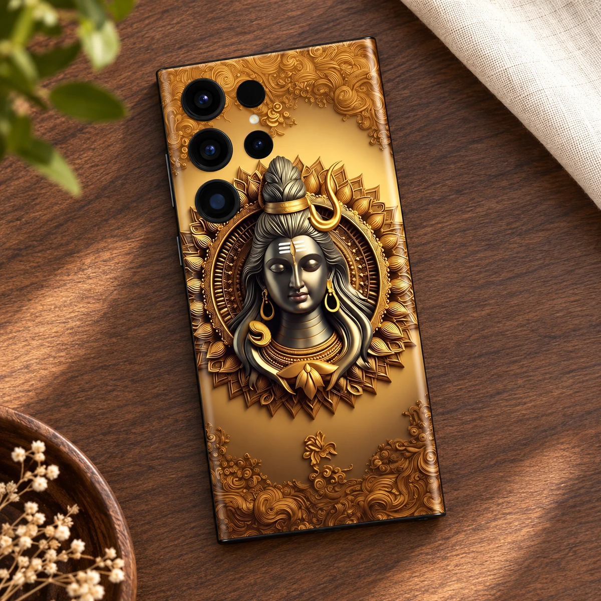Shiv Art Golden Mandala Mobile Skin - Walnut flatlay Shiv Art mobile skin with silver Shiva portrait and golden mandala - walnut flatlay