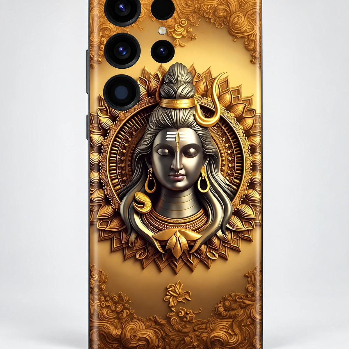 Shiv Art Golden Mandala Mobile Skin - Mandala detail Shiv Art mobile skin with silver Shiva portrait and golden mandala - mandala detail