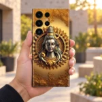 Shiv Art mobile skin with silver Shiva portrait and golden mandala - in-hand lifestyle