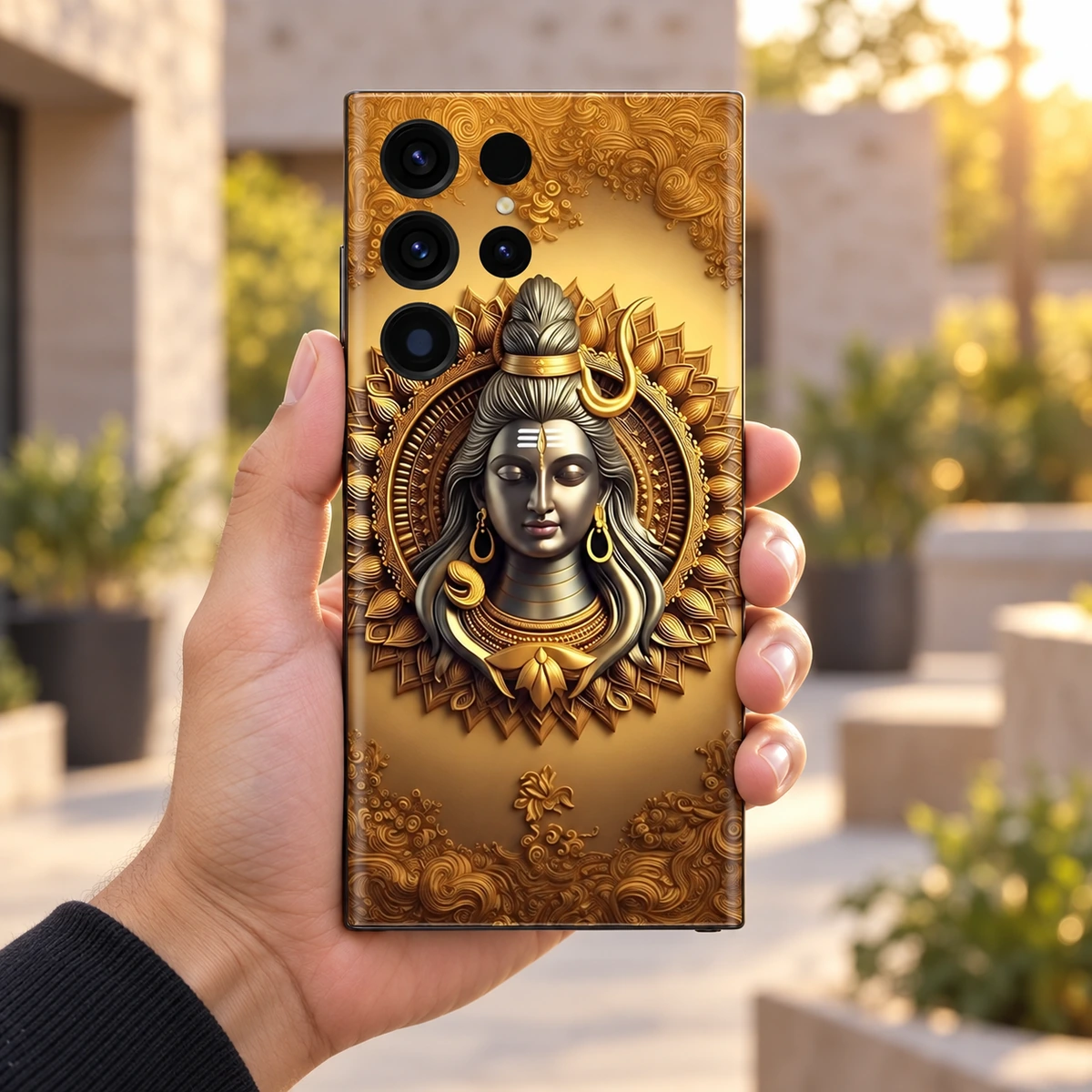 Shiv Art Golden Mandala Mobile Skin - In-hand lifestyle Shiv Art mobile skin with silver Shiva portrait and golden mandala - in-hand lifestyle