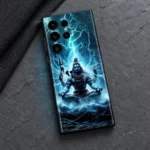 Shiva Art mobile skin with blue lightning and meditation artwork - slate flatlay