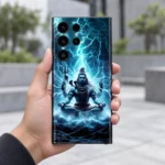 Shiva Art mobile skin with blue lightning and meditation artwork - in-hand lifestyle