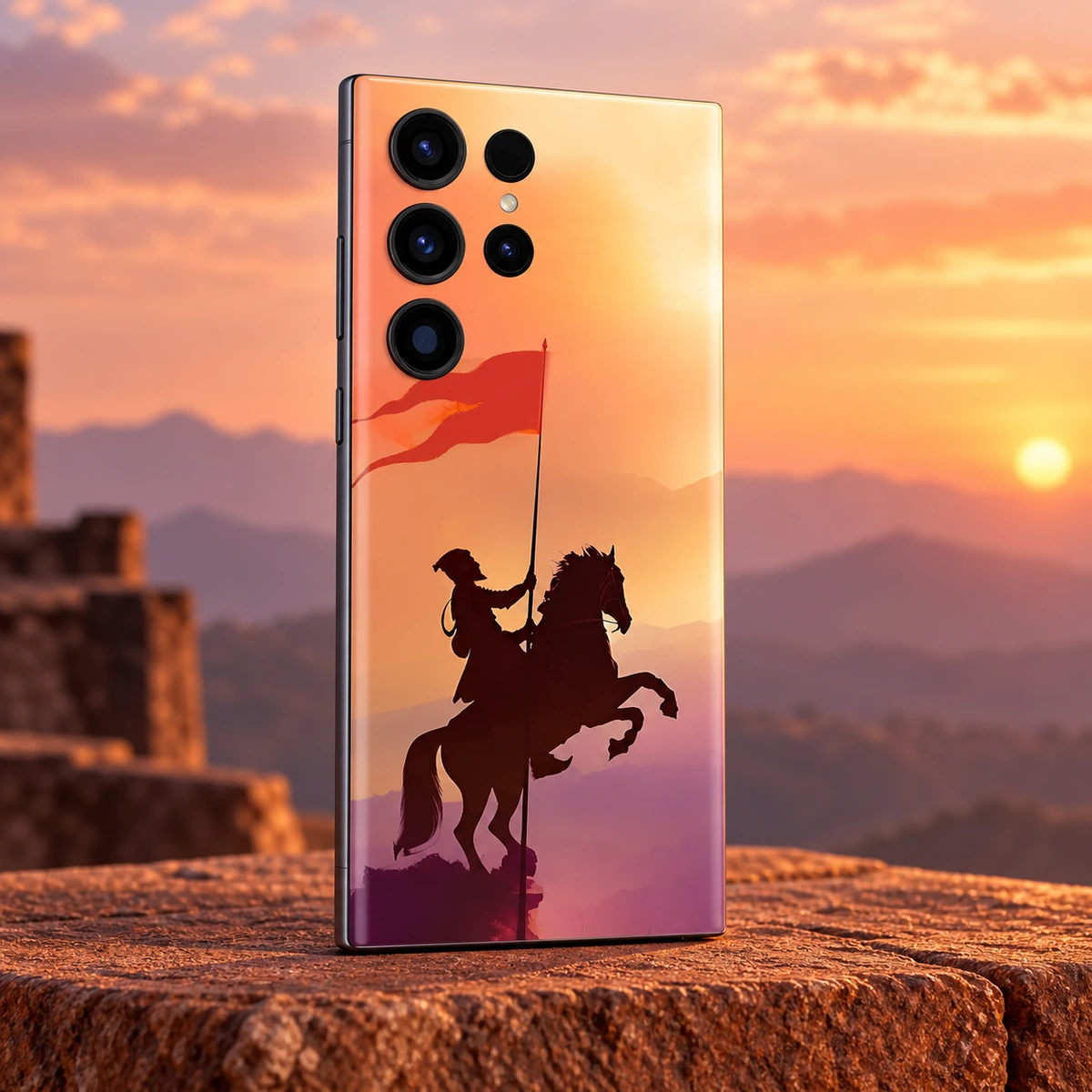 Shivaji Maharaj Horseback Sunset Mobile Skin - Sunset studio Shivaji Maharaj horseback silhouette mobile skin in warm peach and mauve sunset light