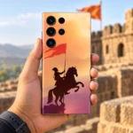 Shivaji Maharaj horseback sunset mobile skin held in hand against a stone fort backdrop